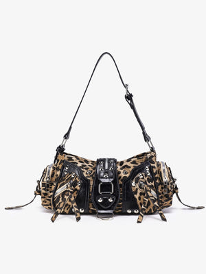 shoulder bag in tan with leopard-print and buckle