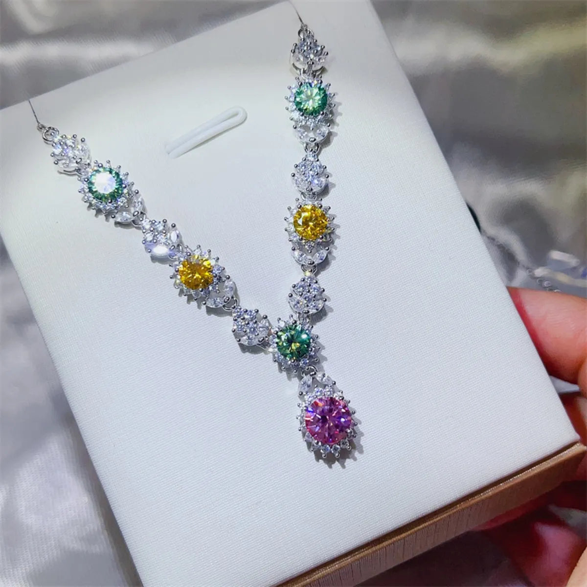 Chromatic Cluster Pendant Necklace with multicolor gemstones and clear accents