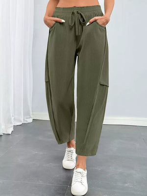 brown pants with full-length and drawstring