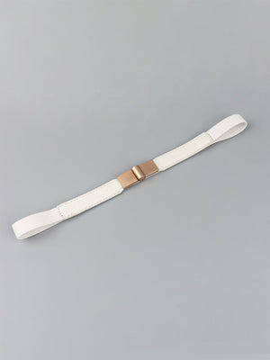 White elasticated buckle belt with leather detail and rose gold hardware