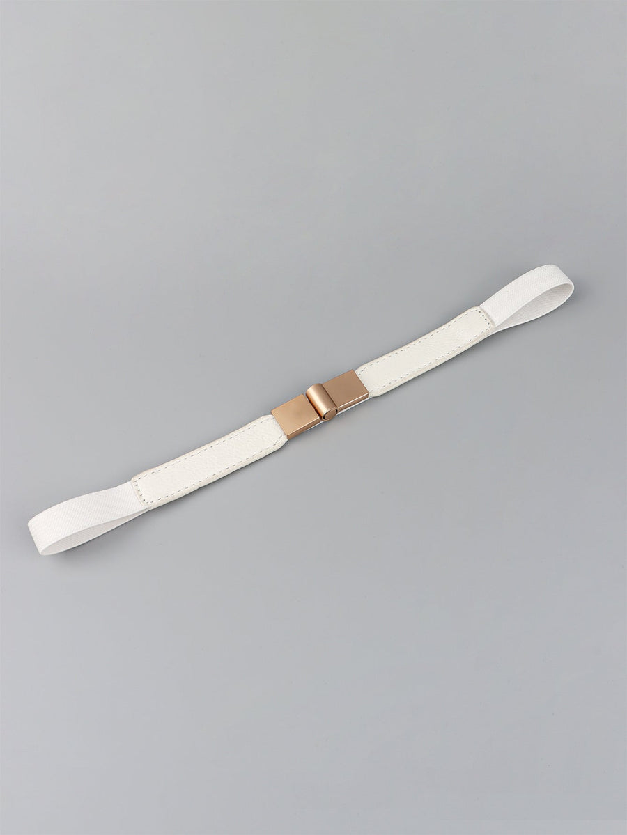 White elasticated buckle belt with leather detail and rose gold hardware