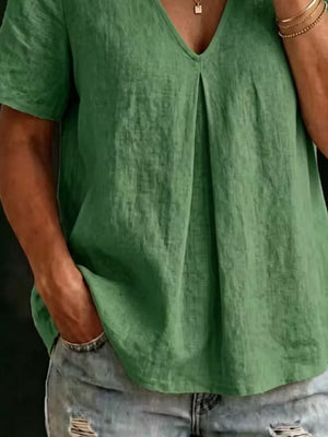 Green linen blend short sleeve v-neck top with front pleats