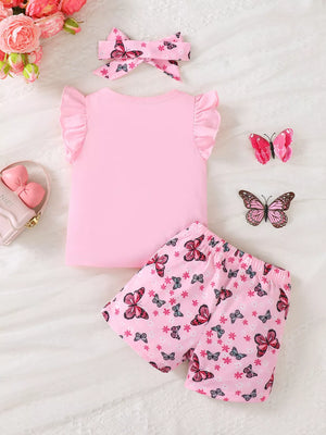 Pink ruffled sleeve baby undershirt and butterfly print shorts set with matching headband.