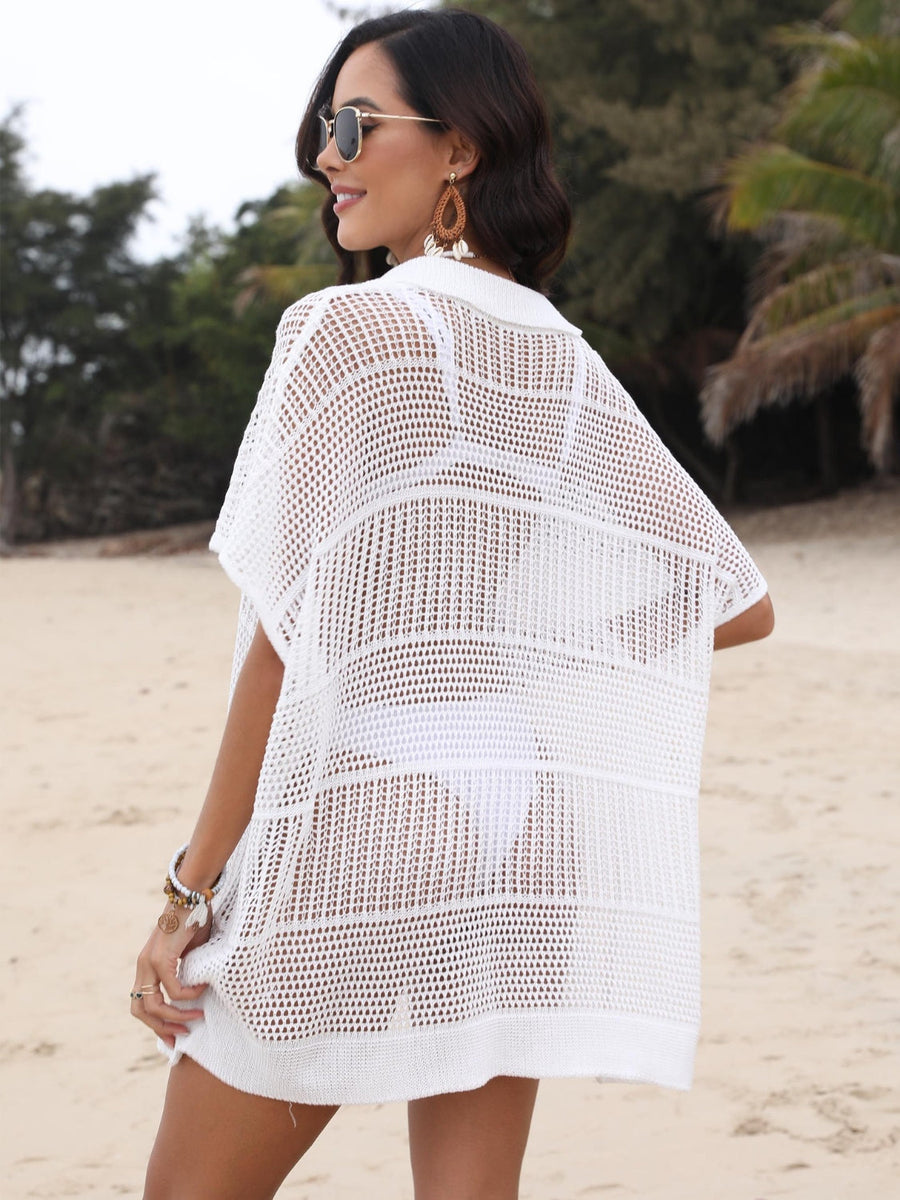 White open-knit polo beach dress with short sleeves and a collar, styled over a bikini.