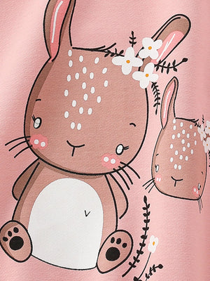 Pale blush cotton crew neck sweatshirt with cute bunny graphic and floral accents.