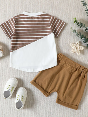 Baby cotton two-piece set with striped brown and white t-shirt and khaki shorts.