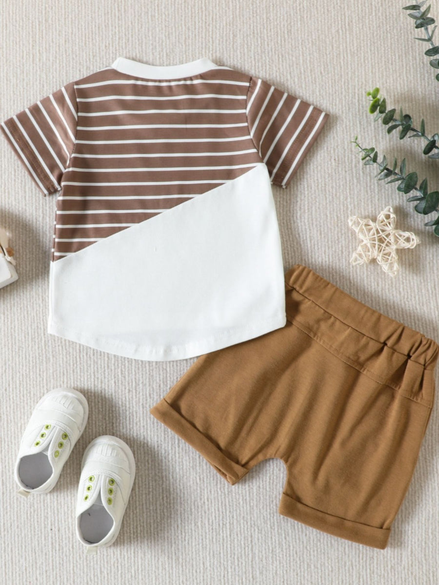 Baby cotton two-piece set with striped brown and white t-shirt and khaki shorts.