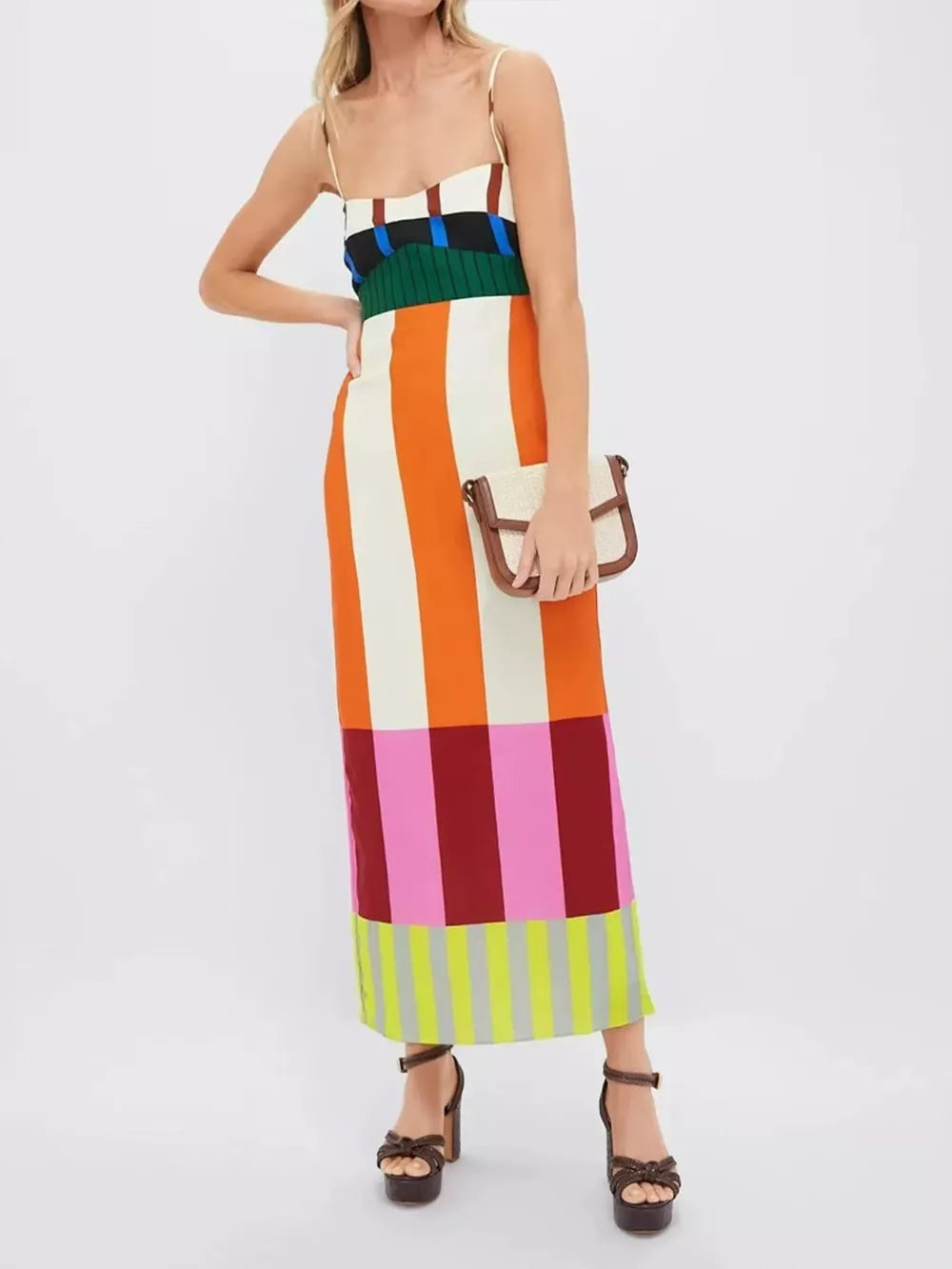 orange midi dress with color-block and straight