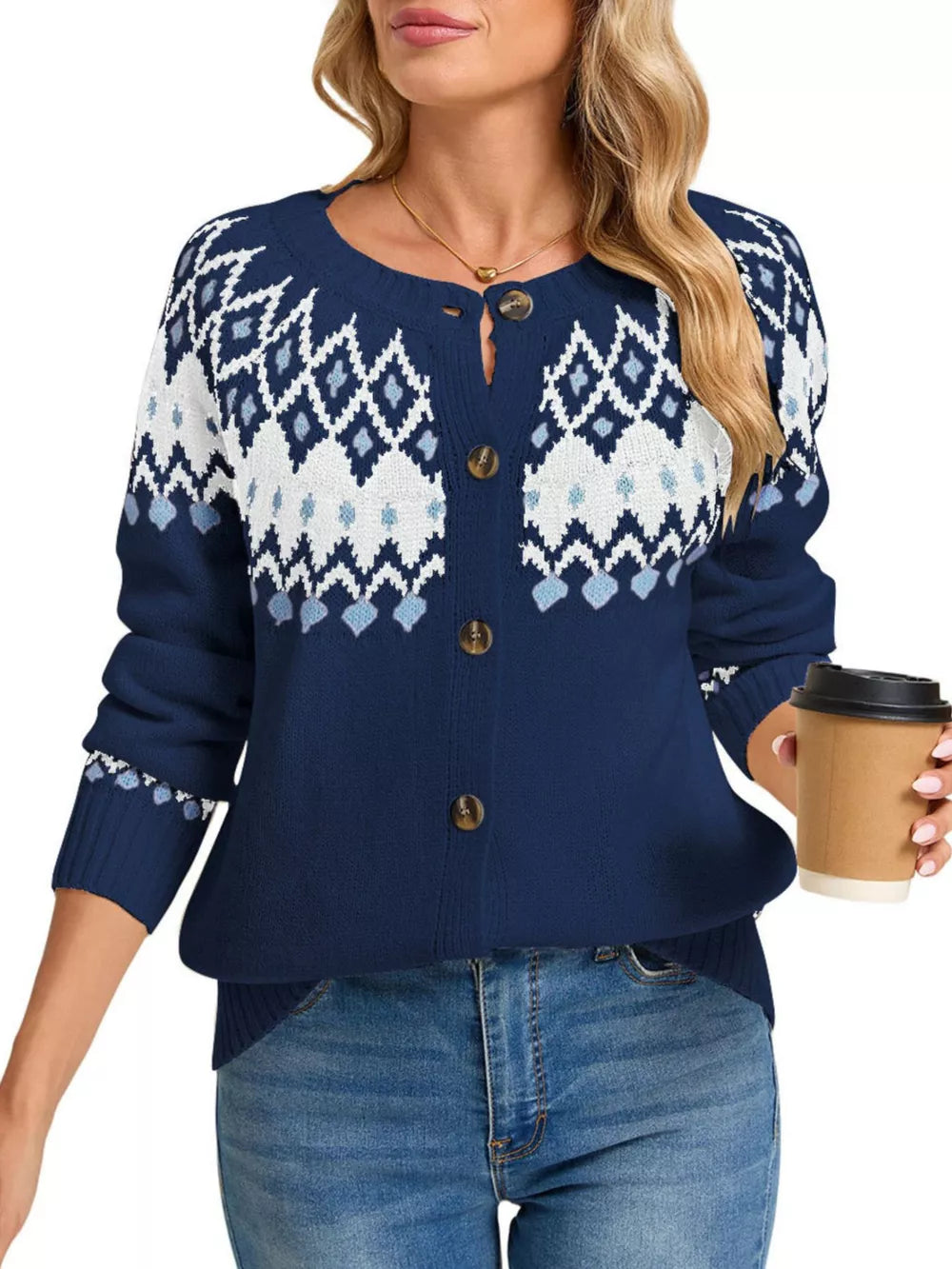 navy blue cardigan with Fair Isle and round neck