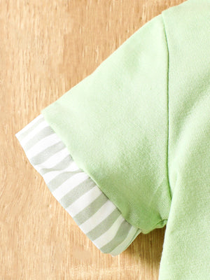 Baby light green short sleeve tee with striped cuffs and matching shorts.