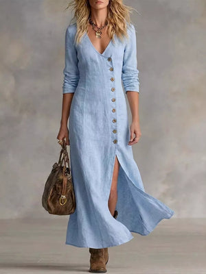 Light blue V-neck buttoned maxi dress with side slit and long sleeves