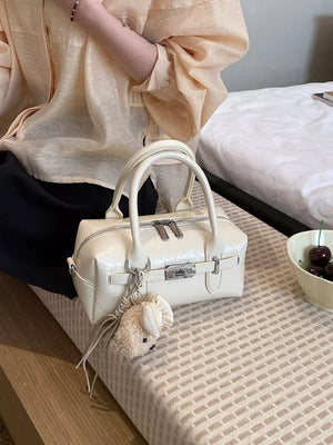 PU Leather Imported Size &amp handbag in cream with boxy silhouette