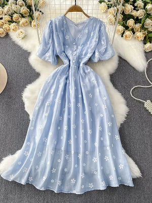 Light blue embroidered puff sleeve A-line midi dress with button front
