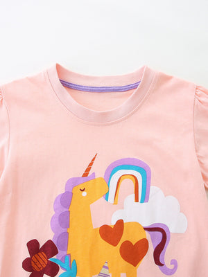 Childrens blush pink cotton t-shirt with unicorn and rainbow graphic, short sleeves