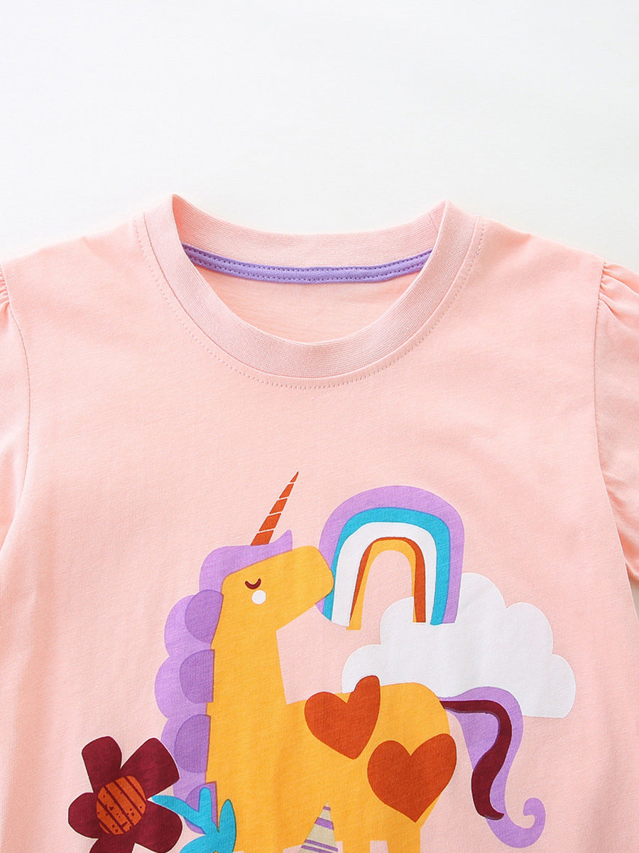 Childrens blush pink cotton t-shirt with unicorn and rainbow graphic, short sleeves