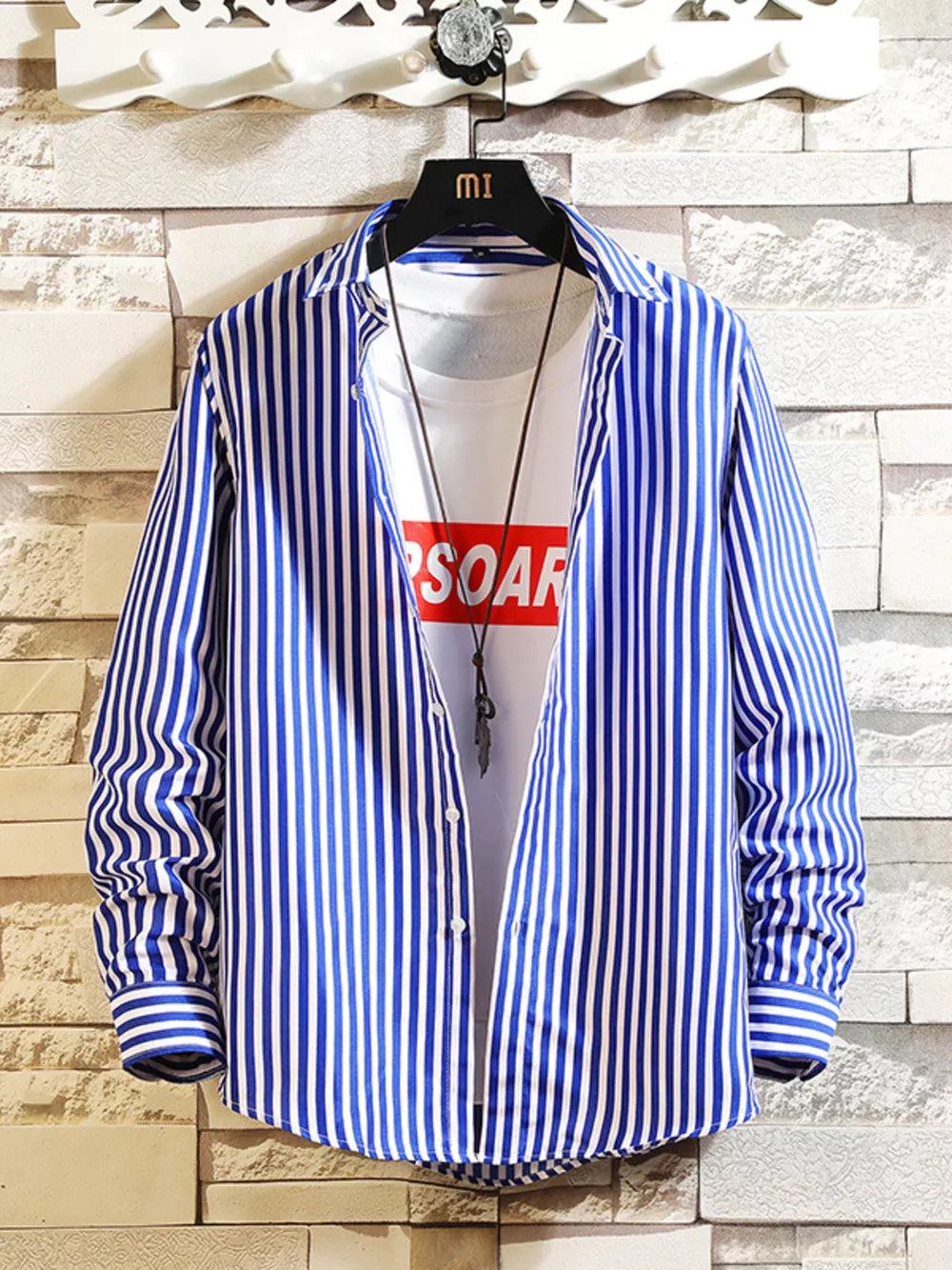 Royal Blue Men's Plus Size Striped Button Up Casual Shirt