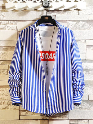 Royal Blue Men's Plus Size Striped Button Up Casual Shirt