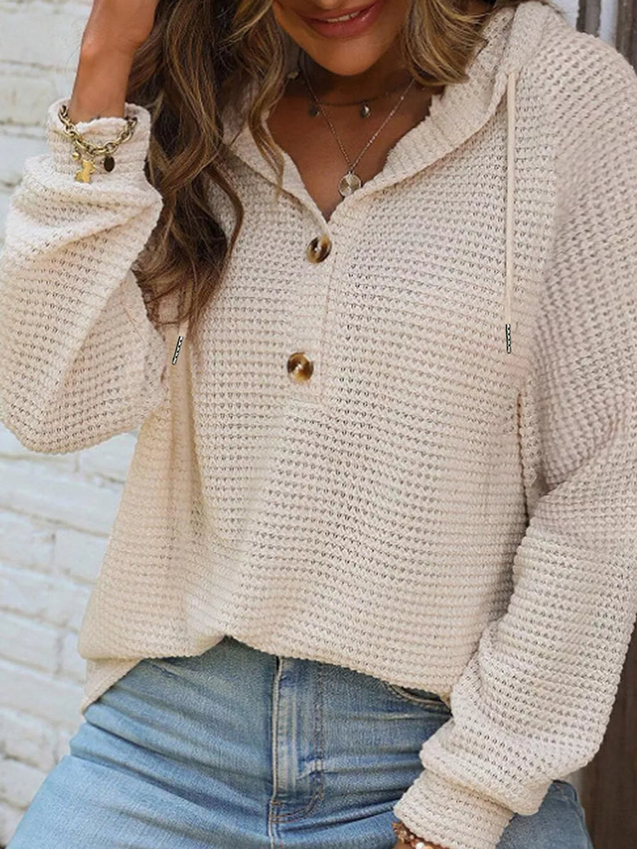 Waffle Knit Hooded Top With Drawstring in Brown