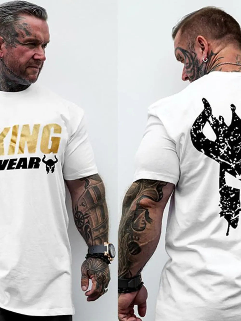 White graphic t-shirt with gold text and black back print.