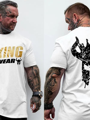 White graphic t-shirt with gold text and black back print.