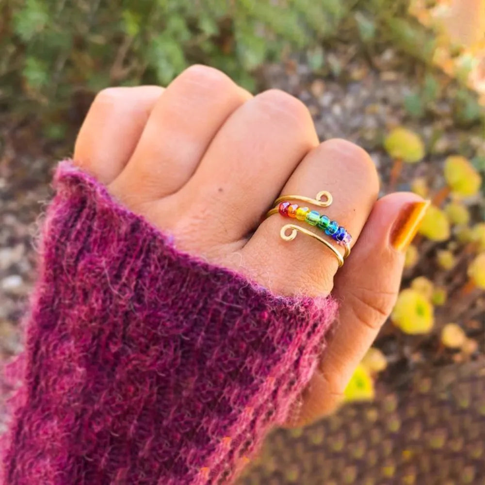 Gold spiral ring with rainbow beads and adjustable fit