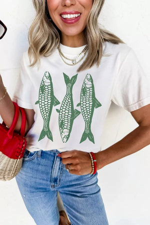 White cotton crew neck t-shirt with a green fish graphic pattern