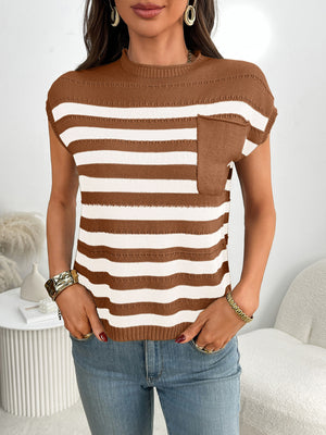 Striped knit sweater in brown and white with a chest pocket and short sleeves.