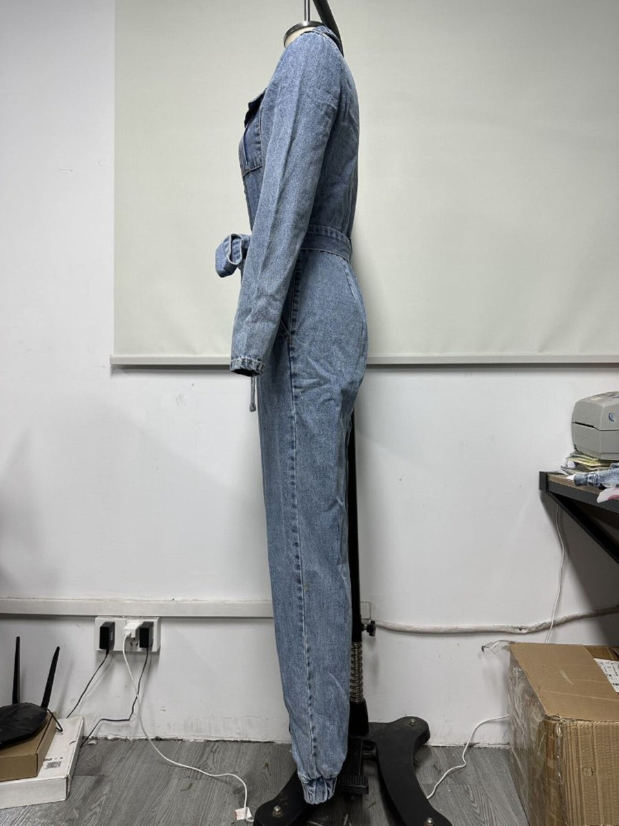 streetwear jumpsuit in light blue with collared
