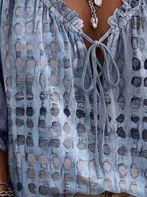 Sky Blue Full Size Tie Neck 3/4 Sleeve Blouse Plus Size