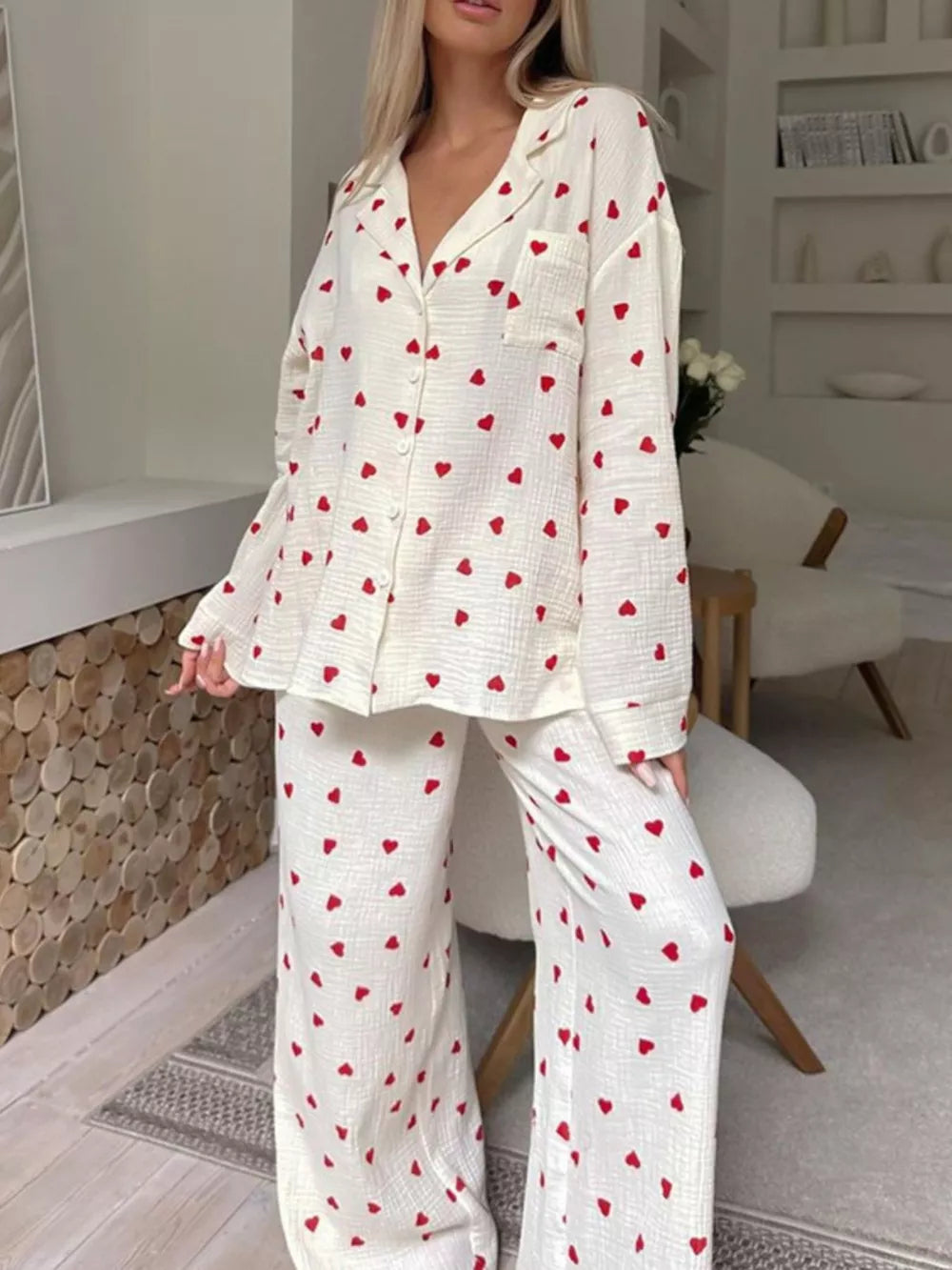 Pink Heart Print Long Sleeve Top And Pants Lounge Set