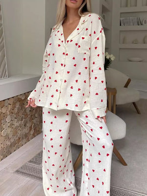 Pink Heart Print Long Sleeve Top And Pants Lounge Set