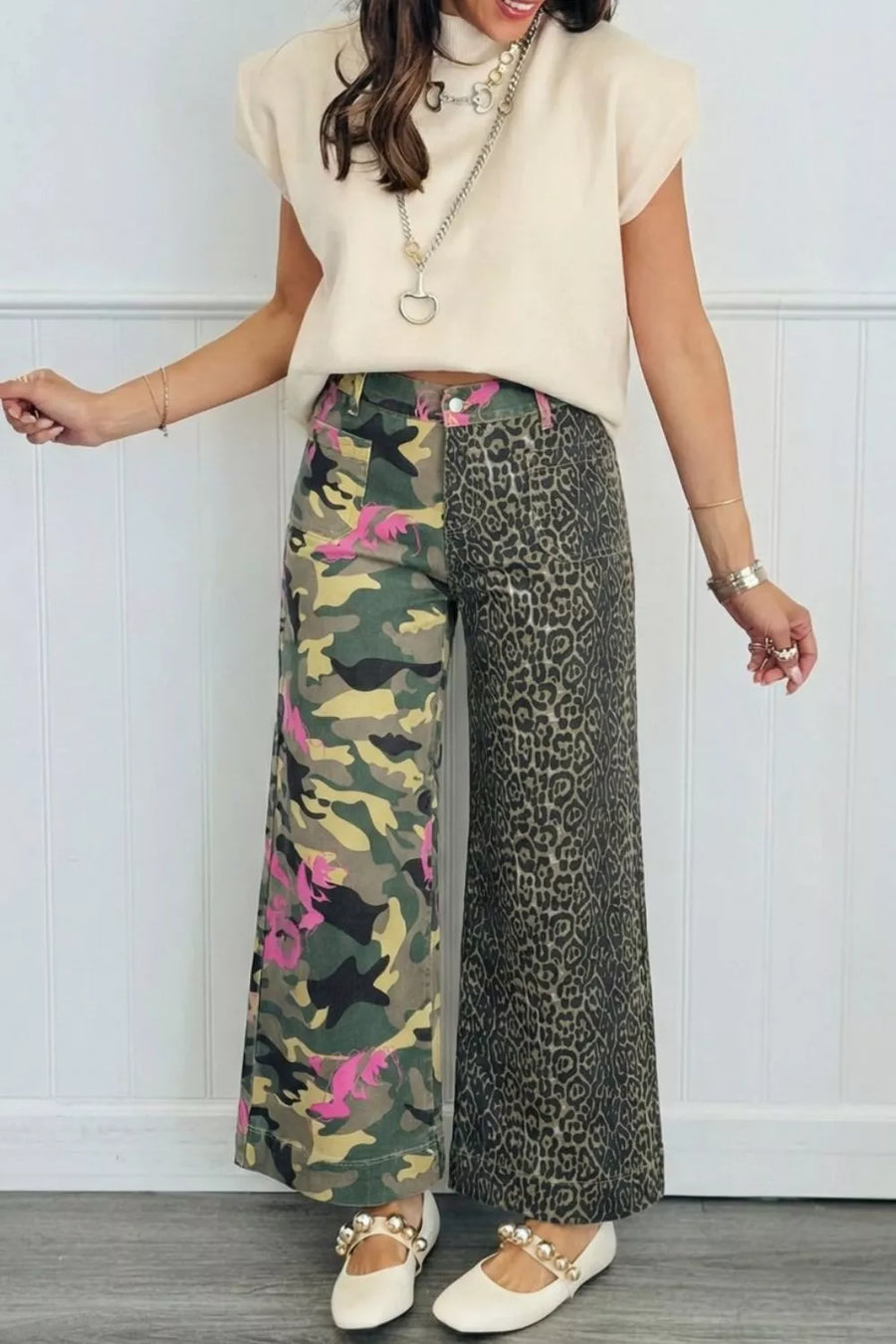 Contrast patchwork jeans with camo and leopard print, wide leg, cotton.