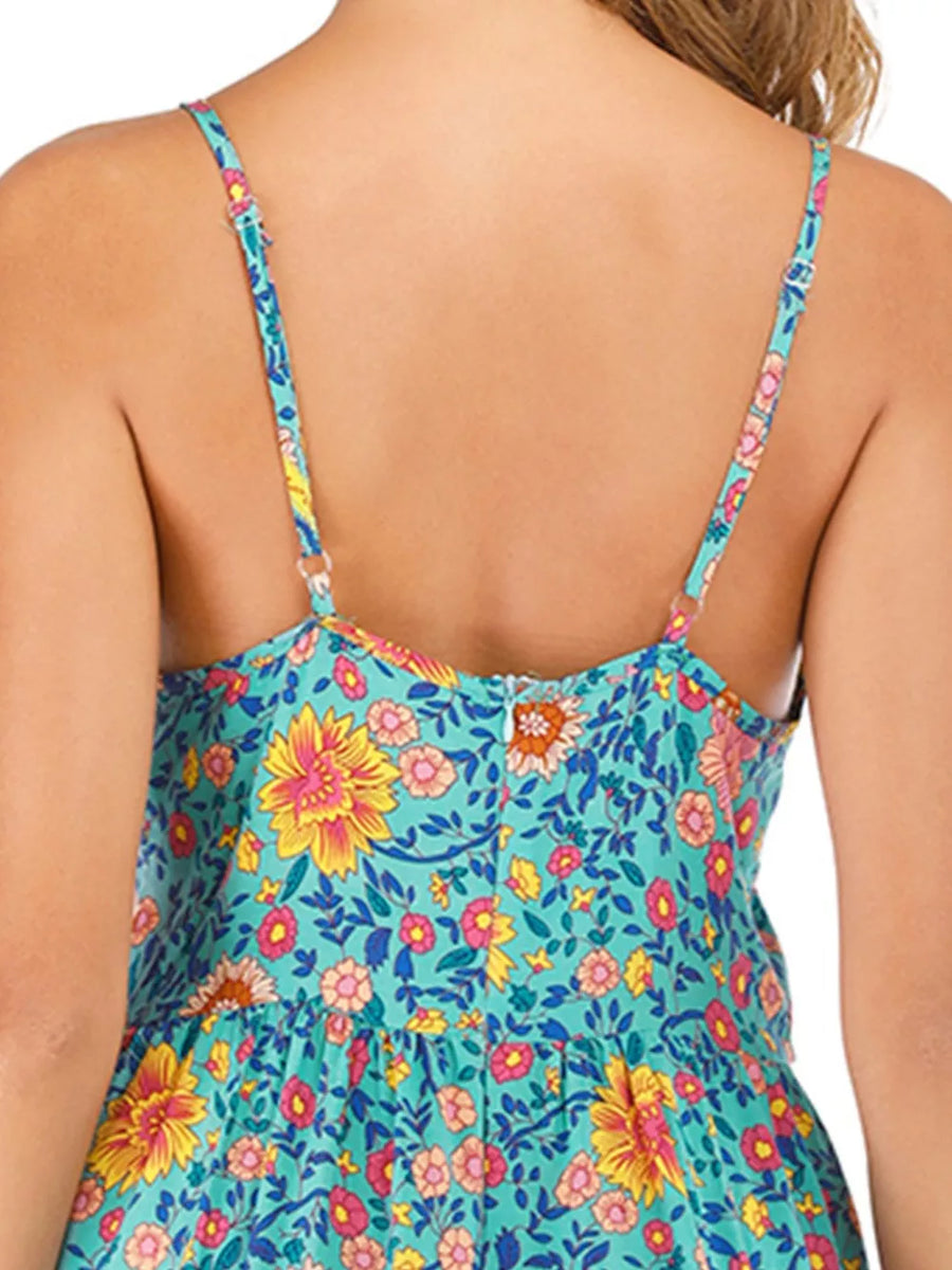 Vibrant floral mini dress with adjustable straps and a smocked back detail.