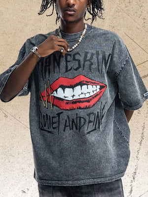 Men's dark gray crew neck t-shirt with edgy lip graphic and text.