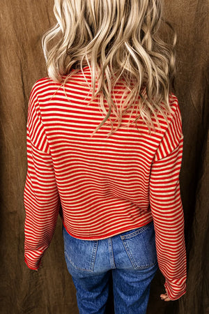 Scarlet with Striped Button Collar Long Sleeve Cardigan