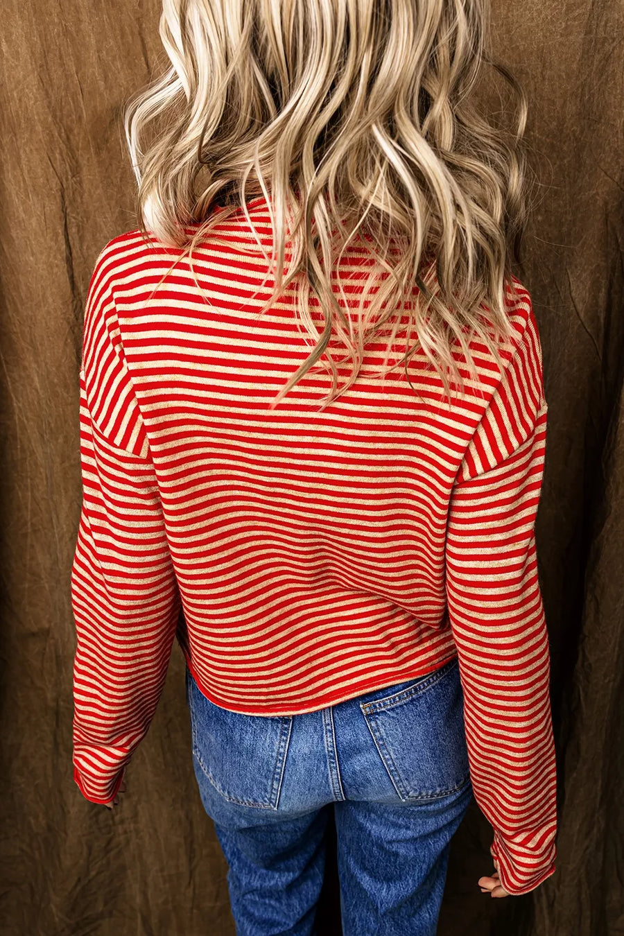 Scarlet with Striped Button Collar Long Sleeve Cardigan