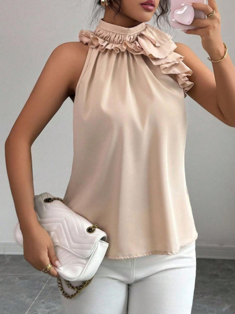 Ruffled high neck sleeveless top in Red