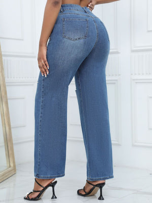 Stretch Distressed Wide-Leg Jeans in Dark Blue with distressed