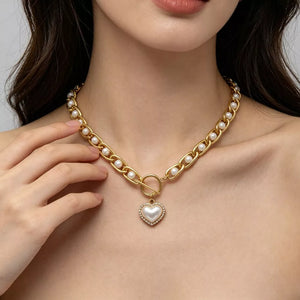 Gold Chunky Pearl And Heart Pendant 18k Gold-plated Necklace
