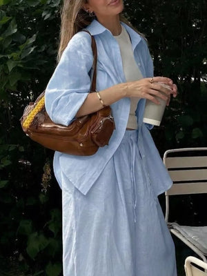 Light Blue Button Up Shirt And Drawstring Pants Set