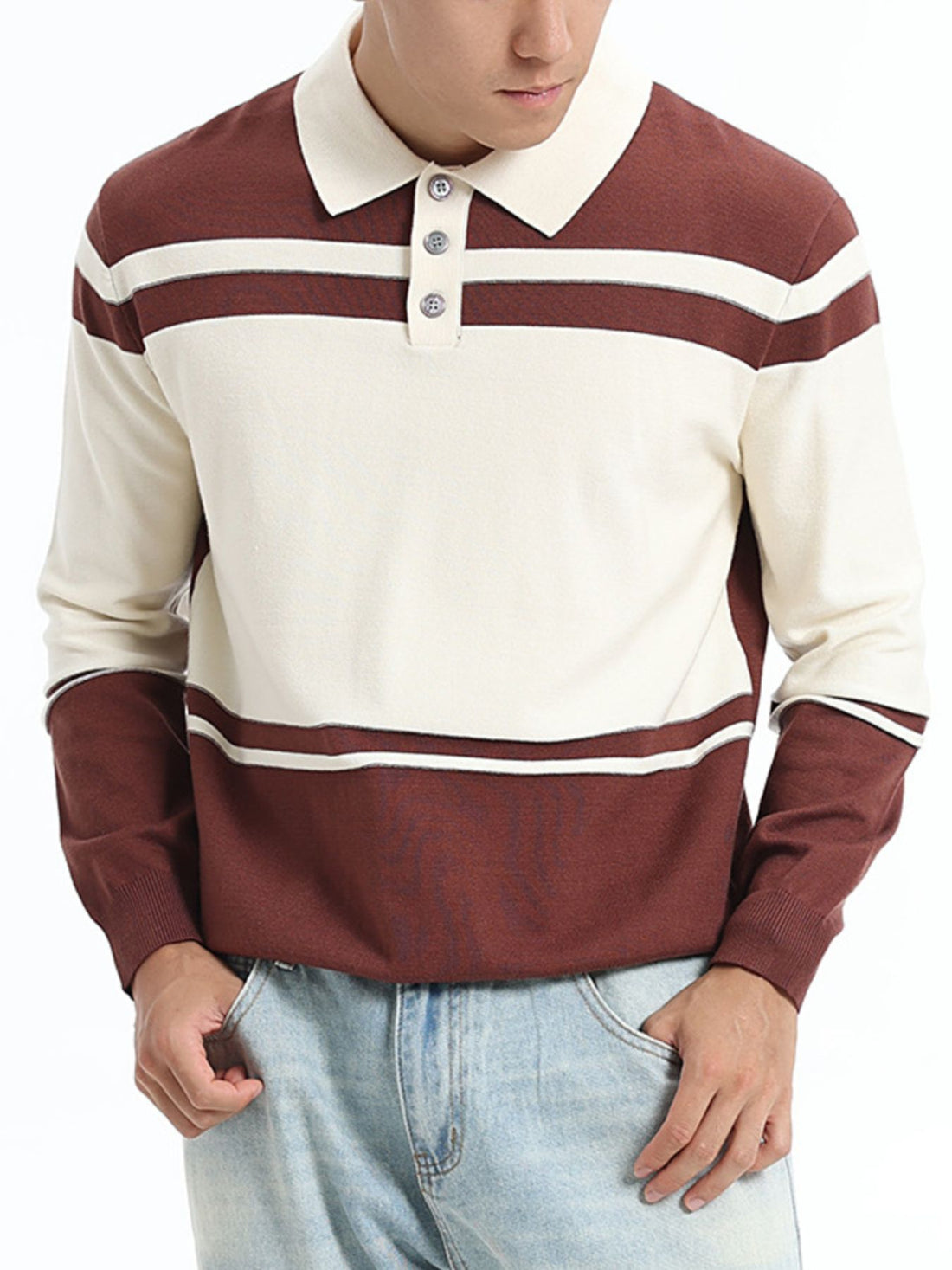 rust pullover sweater with color-block, striped and collared