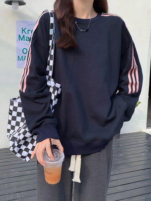 navy blue sweatshirt with striped and round neck