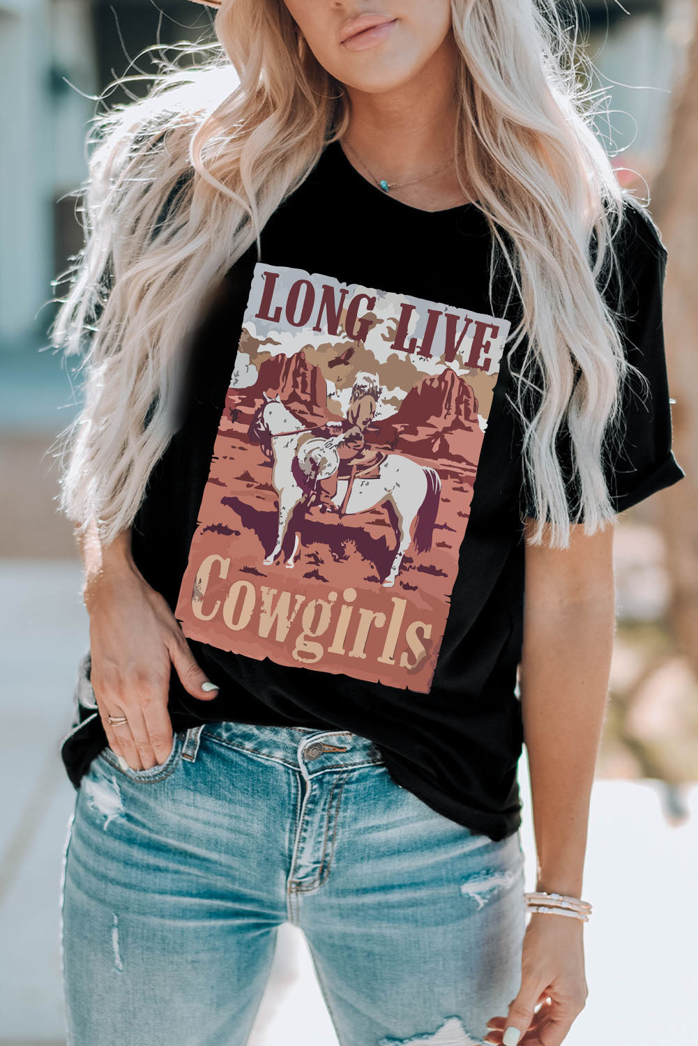 Black graphic tee with Long Live Cowgirls desert scene print