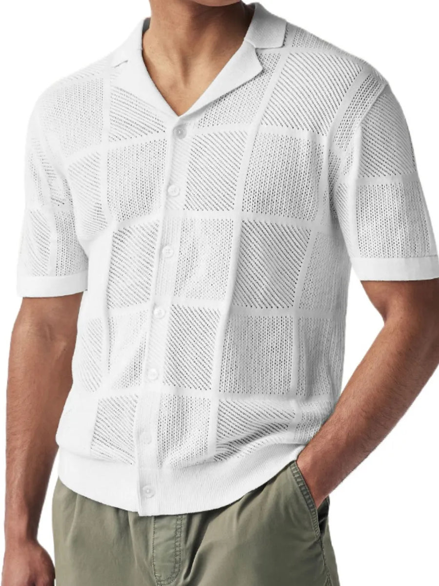 Ivory geometric knit polo shirt with open weave and button front.