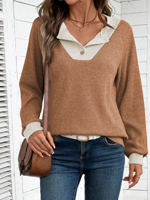 Caramel ribbed maternity shirt with contrast collar and button detail