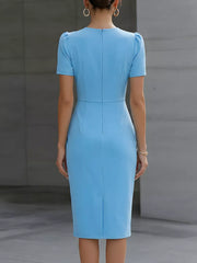 Blue midi dress with short puff sleeves, ruched waist detail, and back zipper.