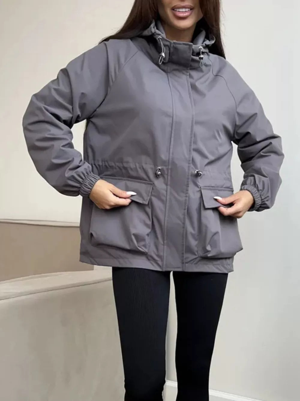 Black relaxed windbreaker with hooded