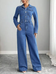 Button Front Long Sleeve Denim Jumpsuit option 3