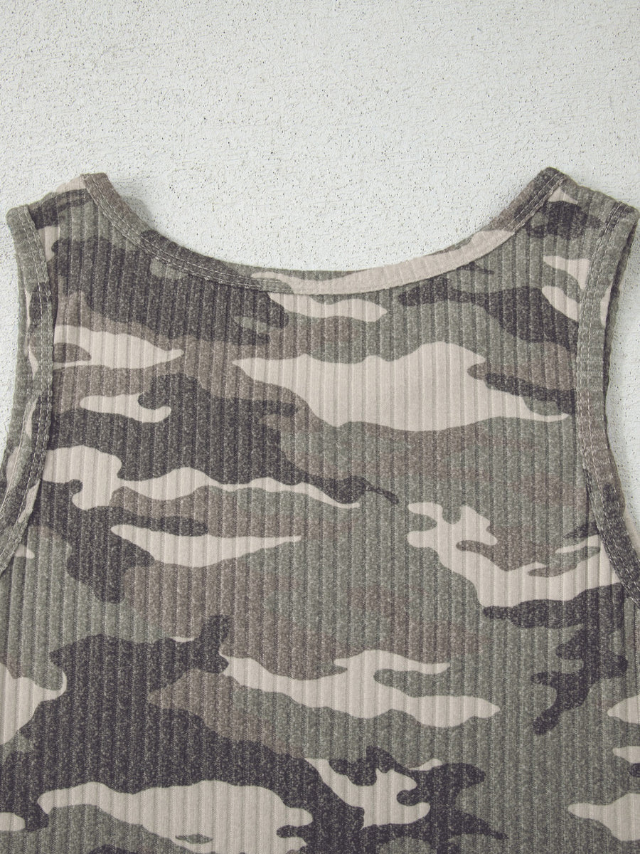 Ribbed knit camouflage tank top in army green and gray with a scoop neckline.