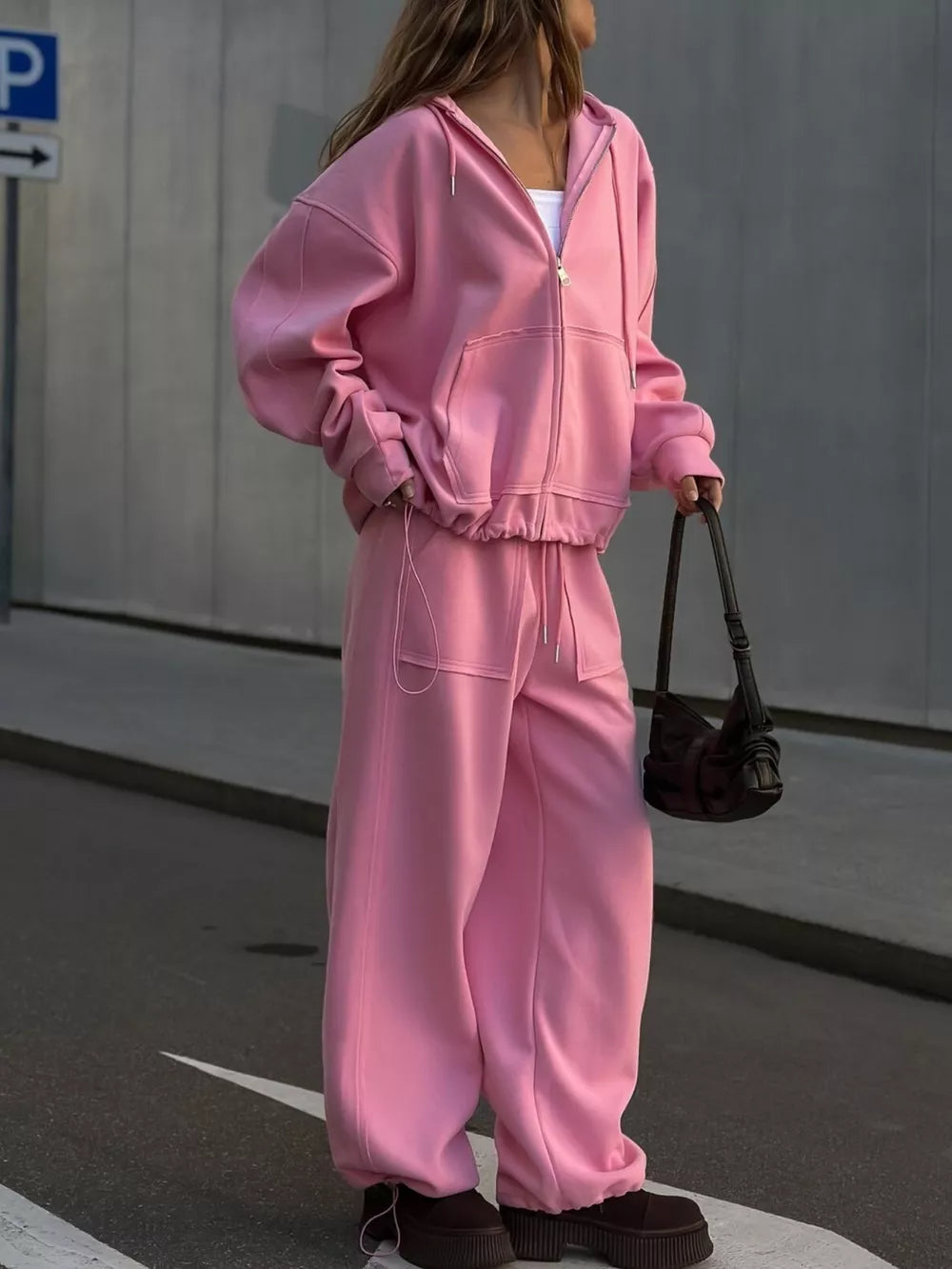 Oversized Zip-up Hoodie And Wide-leg Pants Set in Brown, view 18